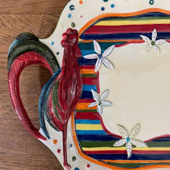 MWW Market Cindy Shamp Rooster Floral Colorful Stripe Ceramic Platter Serving - Picture 2 of 9